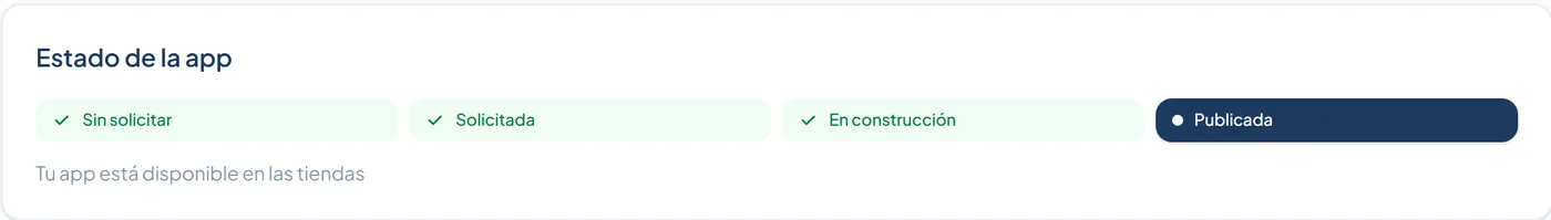 El estado de la app en Mi App: Sin solicitar, Solicitada, En construcción y Publicada