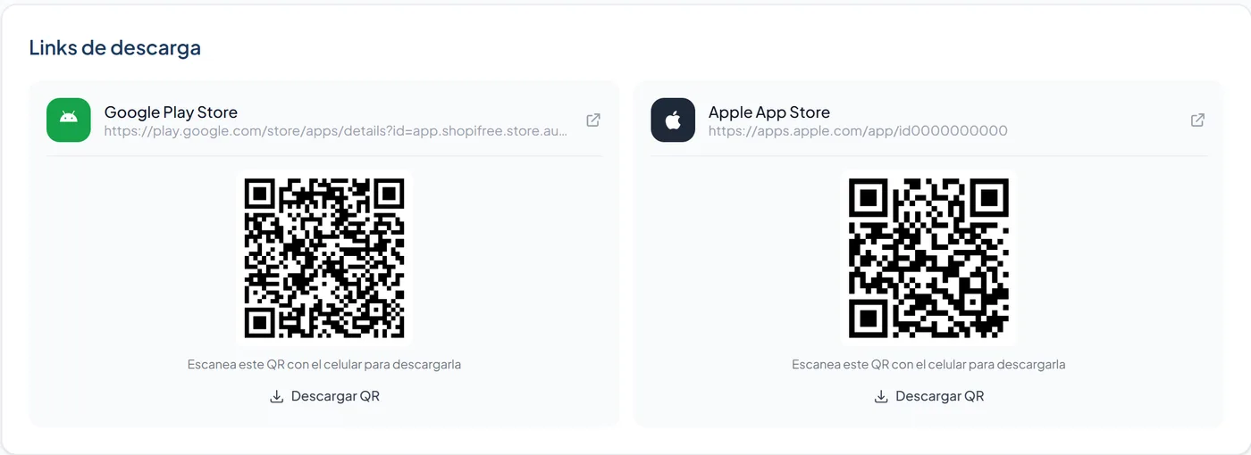 Los links de descarga de Google Play y App Store con sus códigos QR, en Mi App