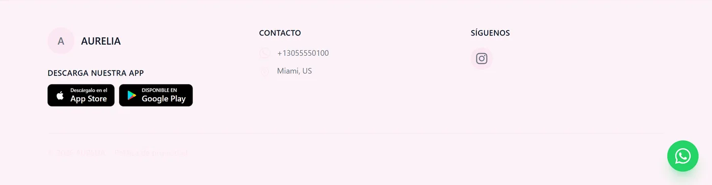 El pie de página de la tienda con los botones de App Store y Google Play