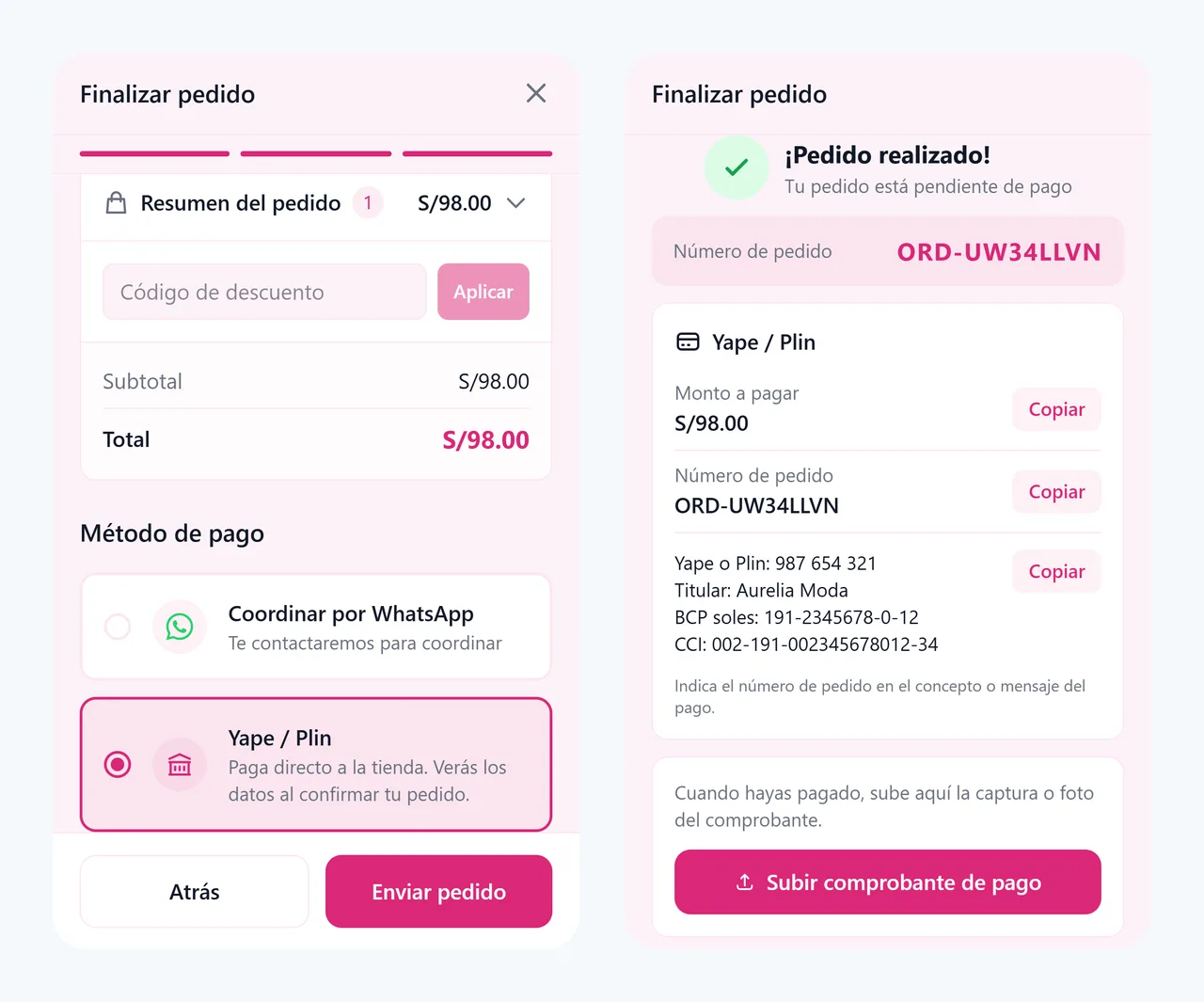 El checkout con Yape / Plin y la pantalla con los datos de pago