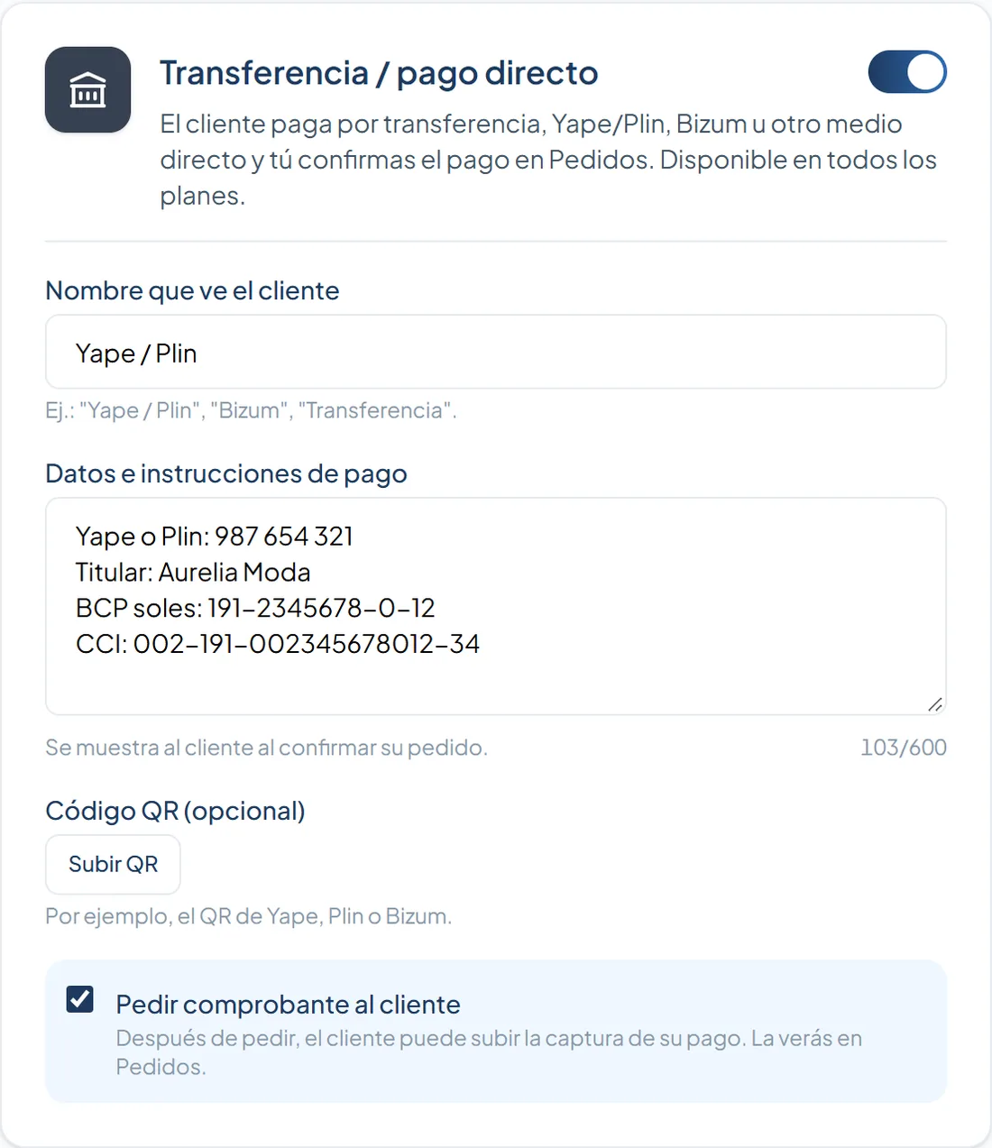 La tarjeta Transferencia / pago directo en Pagos, configurada con Yape y Plin