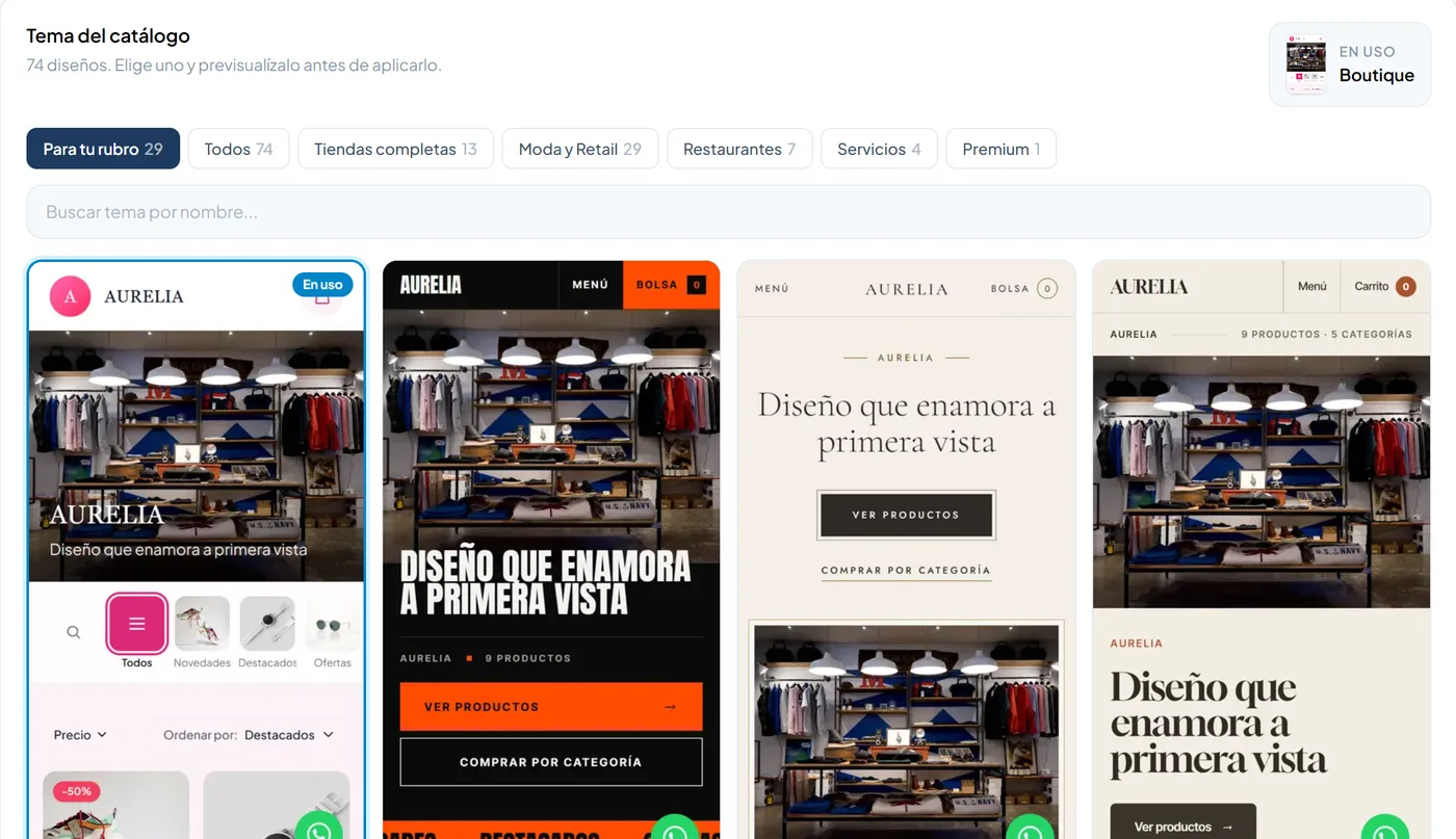 El selector de temas de Shopifree, con filtros por rubro