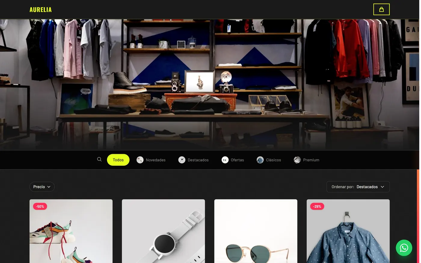 Tienda de ejemplo con el tema Grunge vista en computadora